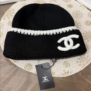 CHANEL Black and White Logo Beanie